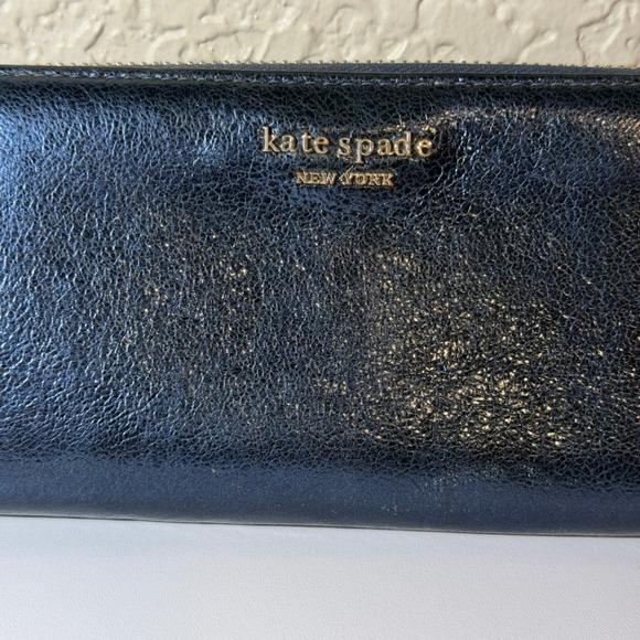 Kate Spade NY Metallic Night Navy Blue Leather Zip Around Continental Wallet - Picture 3 of 13